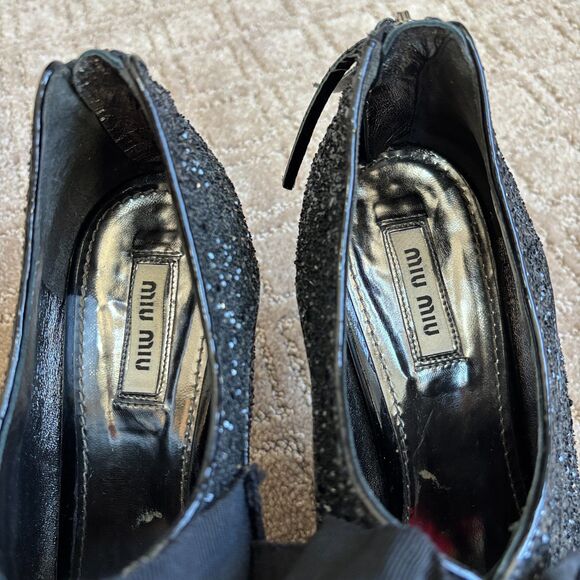 Miu Miu Glitter-Covered Leather Peep-Toe Oxford Pumps Women's 39 Black Italy - Picture 6 of 10